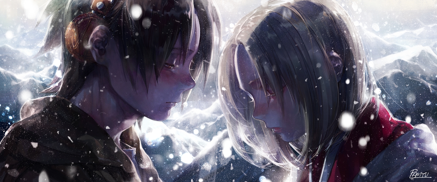 dualscreen, headphones, hei_hwan, kyoyama_anna, male, shaman_king, short_hair, signed, snow, yoh_asakura