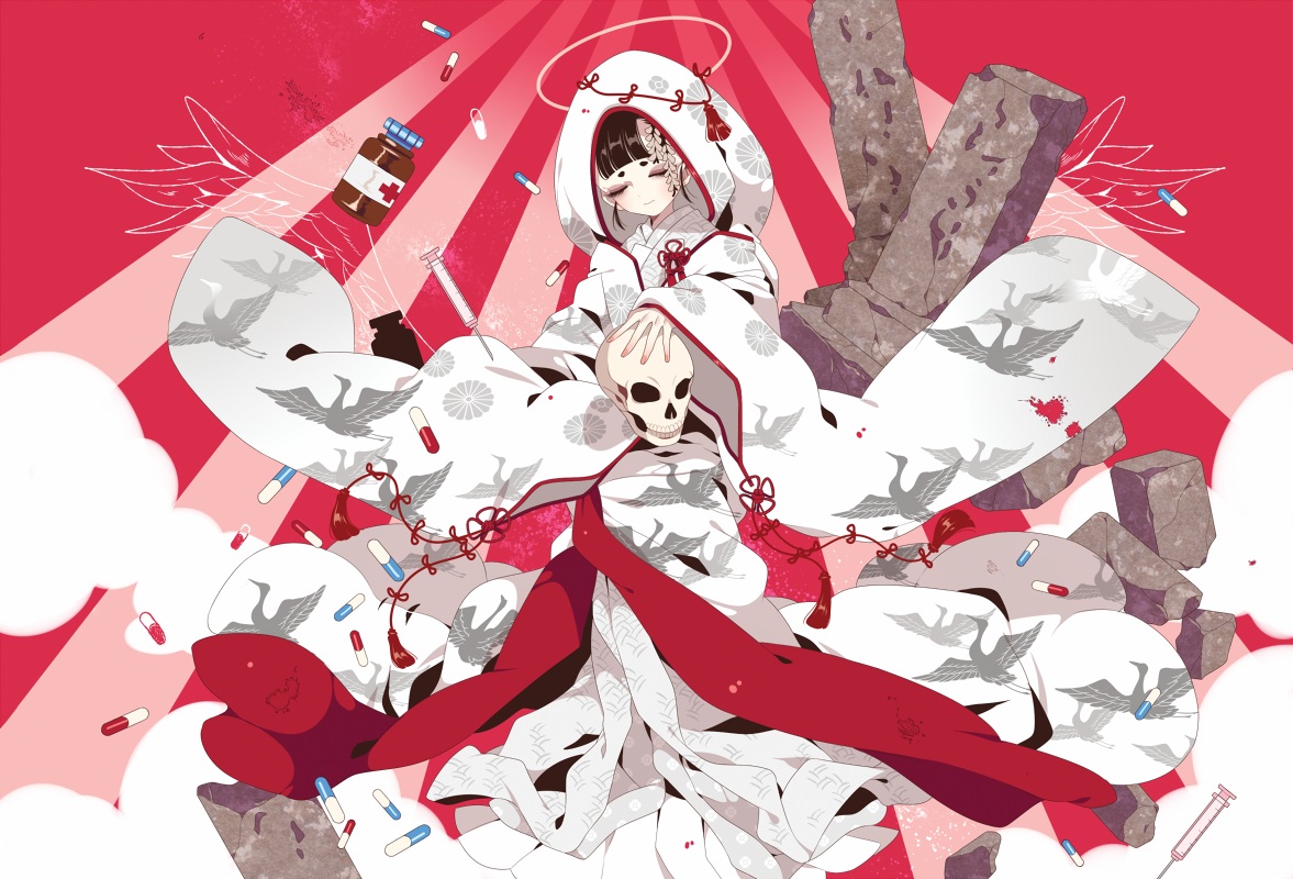 halo, japanese_clothes, original, shikimi_(yurakuru), skull, wedding_attire
