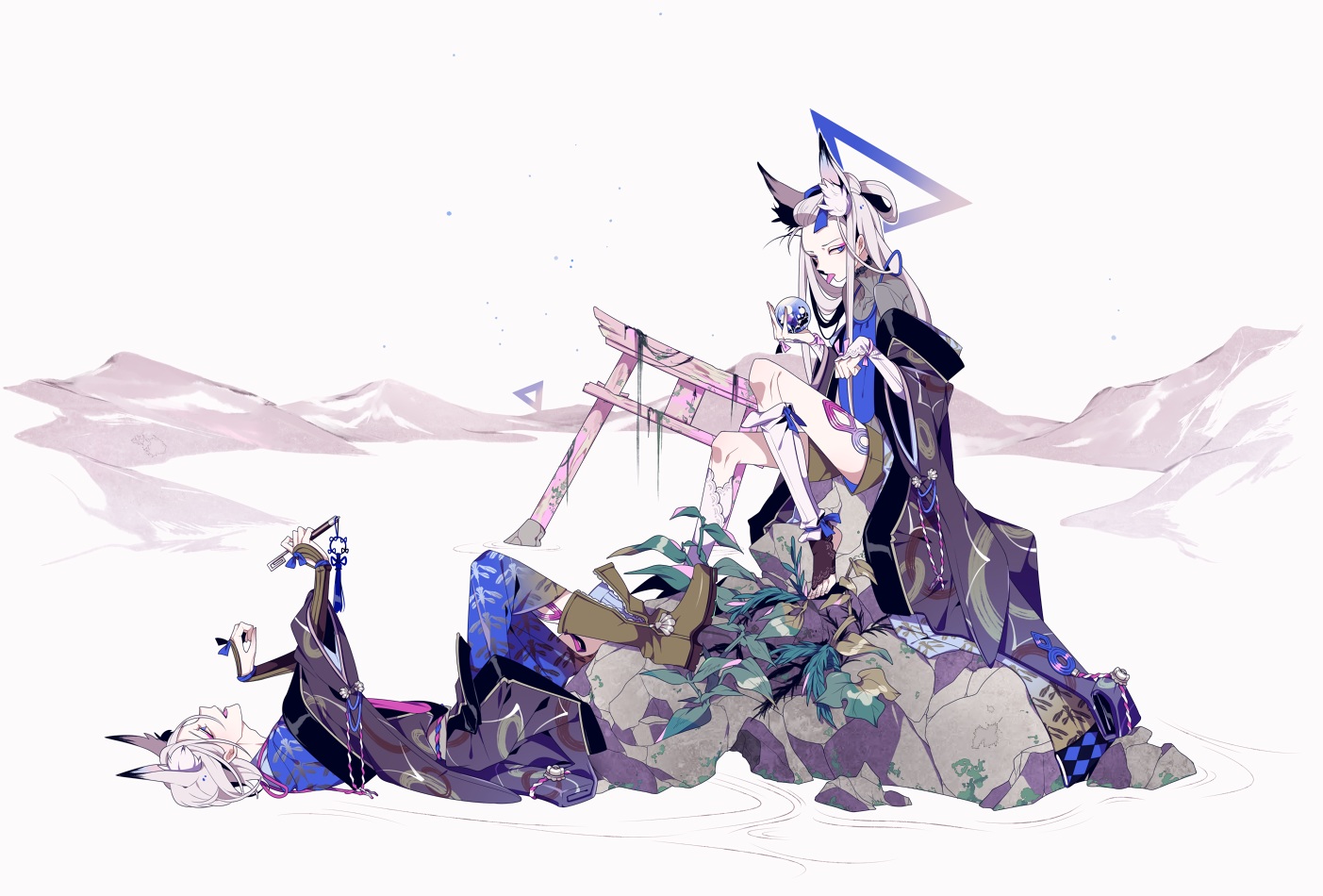 animal, blue_eyes, boots, japanese_clothes, kneehighs, original, shikimi_(yurakuru), torii