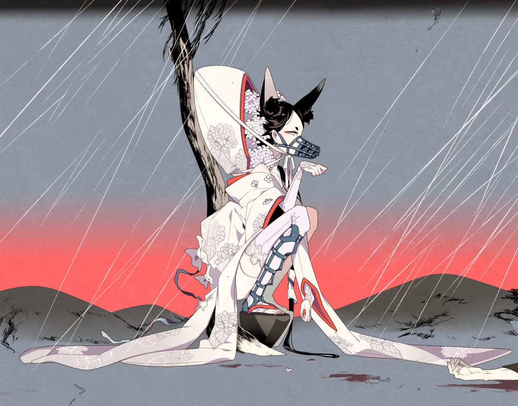 animal_ears, black_hair, blood, flowers, foxgirl, japanese_clothes, mask, original
