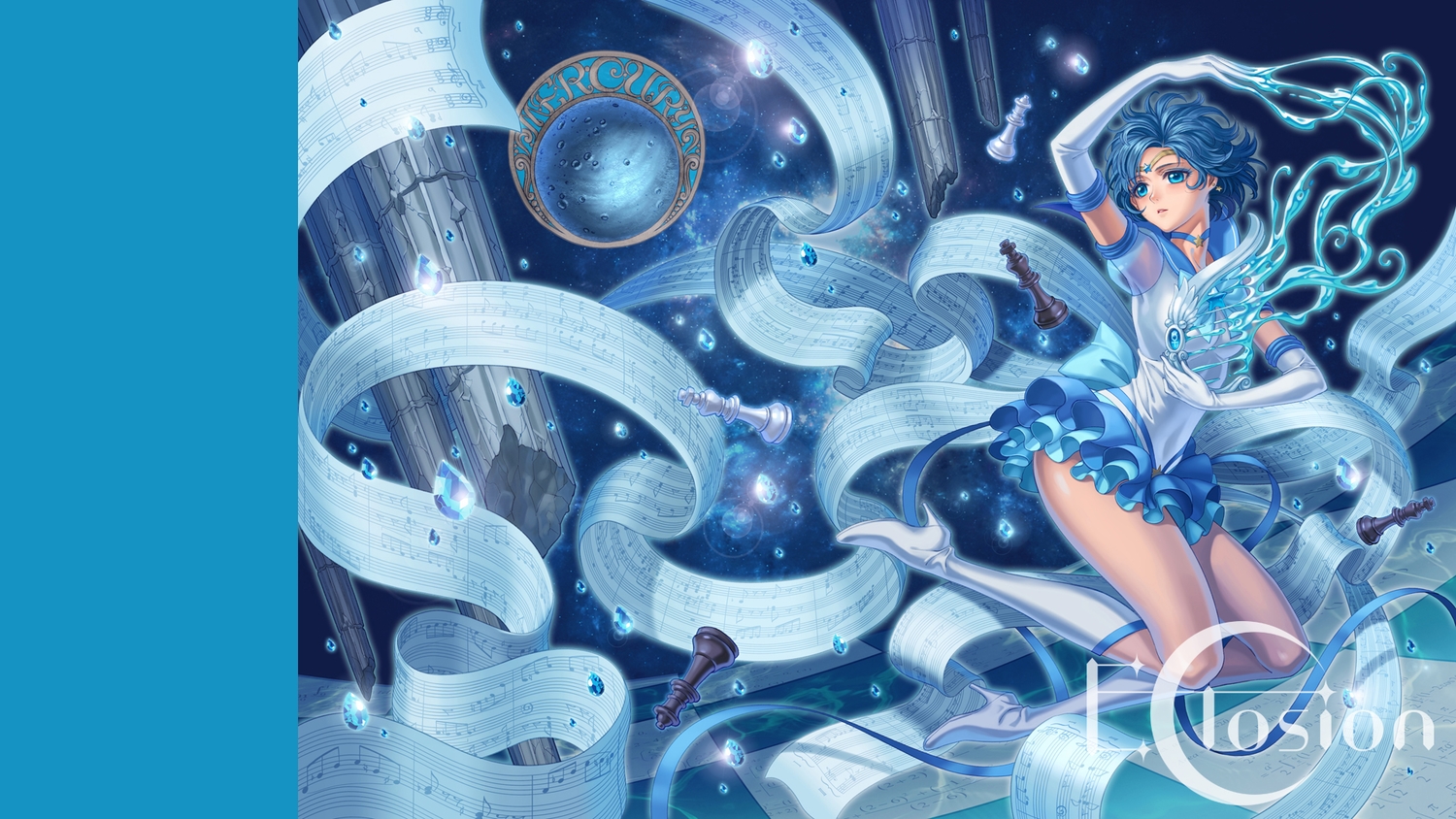 blue, blue_eyes, blue_hair, boots, eclosion, elbow_gloves, gloves, mizuno_ami