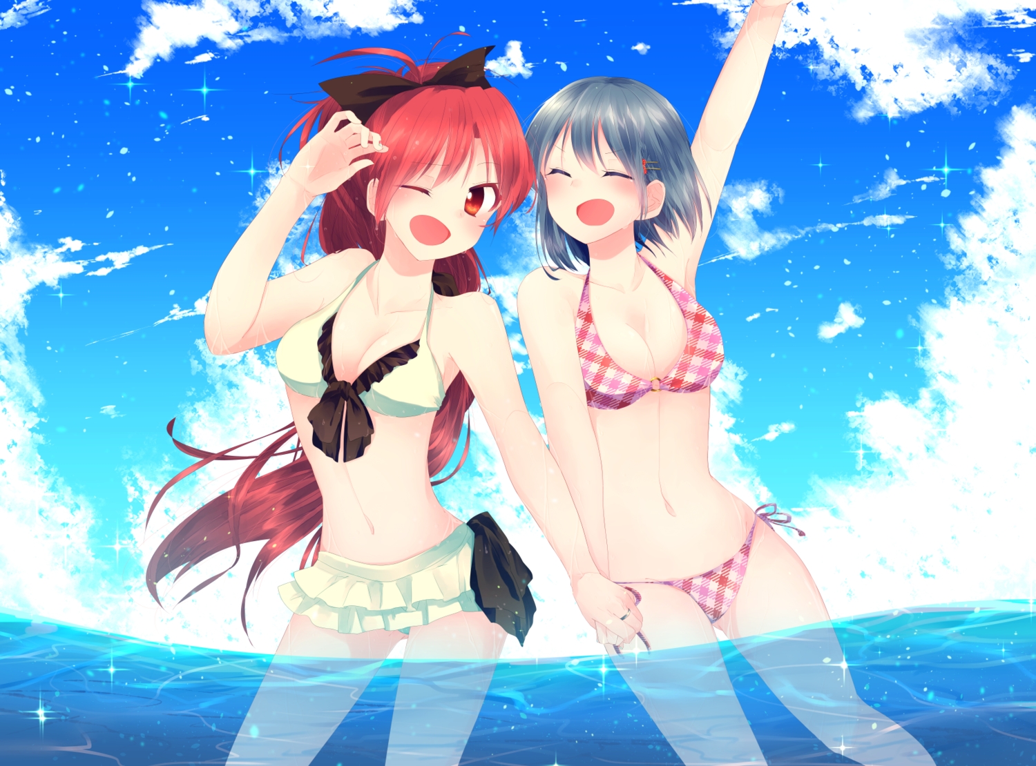 bikini, mahou_shoujo_madoka_magica, miki_sayaka, mizuki_(flowerlanguage), sakura_kyouko, swimsuit