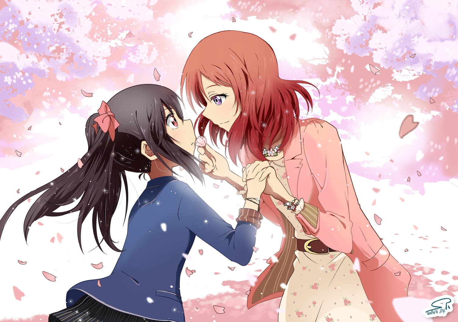black_hair, cherry_blossoms, flowers, love_live!_school_idol_project, nishikino_maki, petals, purple_eyes, red_eyes, red_hair, shoujo_ai, suan_ringo, yazawa_nico