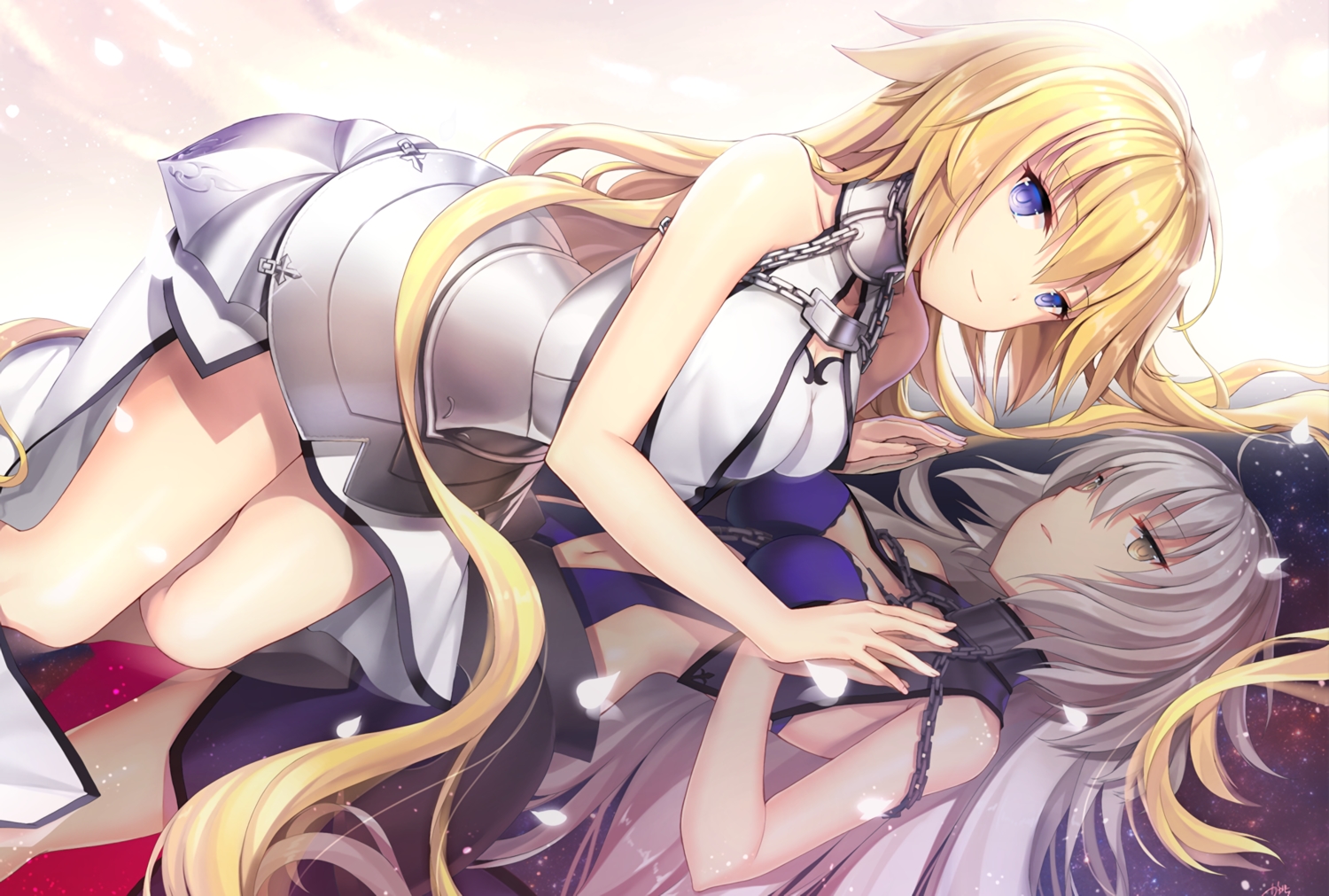 armor, blonde_hair, breasts, chain, cleavage, fate/grand_order, fate_(series), gray_hair, jeanne_d'arc_alter, jeanne_d'arc_(fate), long_hair, navel, petals, purple_eyes, reflection, sakuyosi, waifu2x, yellow_eyes