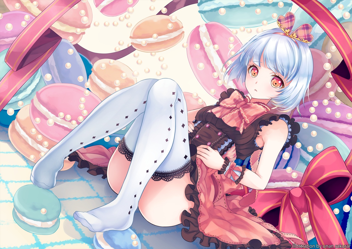 blonde_hair, blush, bow, dress, food, headband, lolita_fashion, original, red_eyes, ribbons, sakurai_unan, short_hair, thighhighs, watermark, wristwear