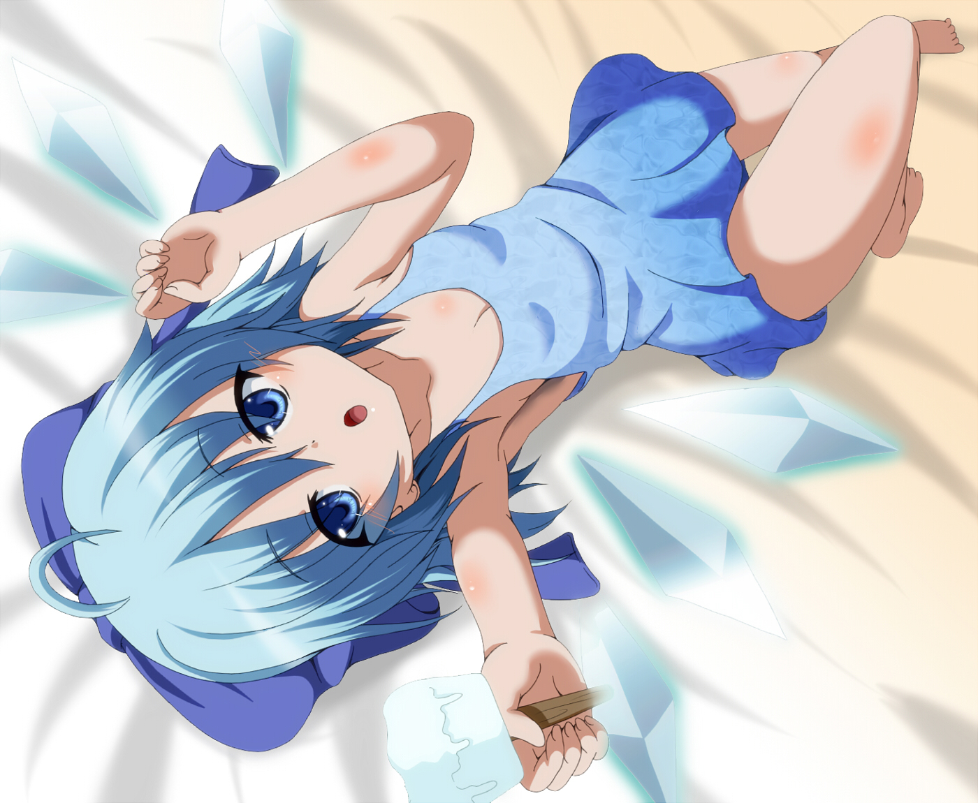 barefoot, bed, blue_eyes, blue_hair, blush, bow, breasts, cirno