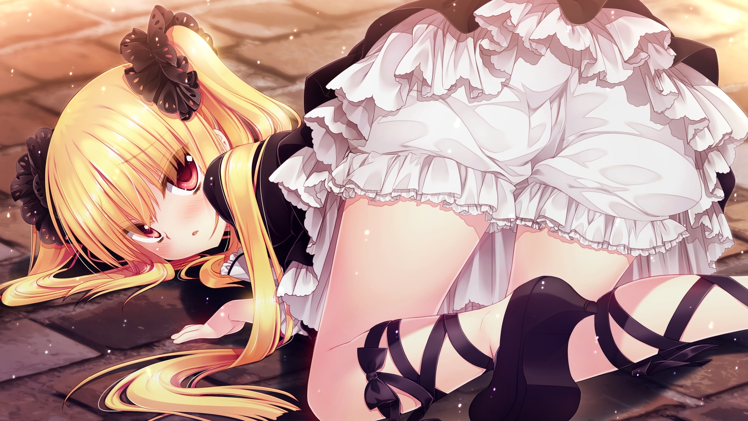 ass, blonde_hair, bloomers, blush, cameltoe, game_cg, iris_pumila, kyuuketsu_hime_no_libra, loli, lolita_fashion, miyasu_risa, onomatope*, red_eyes, ribbons, twintails