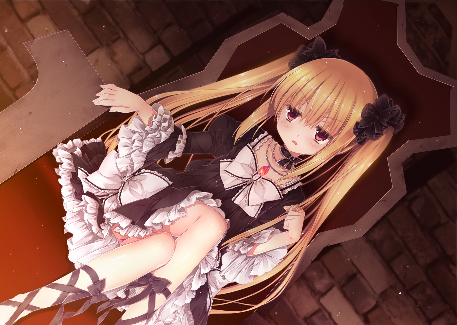 blonde_hair, brown_eyes, choker, dress, game_cg, goth-loli, iris_pumila, kyuuketsu_hime_no_libra, loli, lolita_fashion, long_hair, miyasu_risa, necklace, onomatope*, panties, twintails, underwear