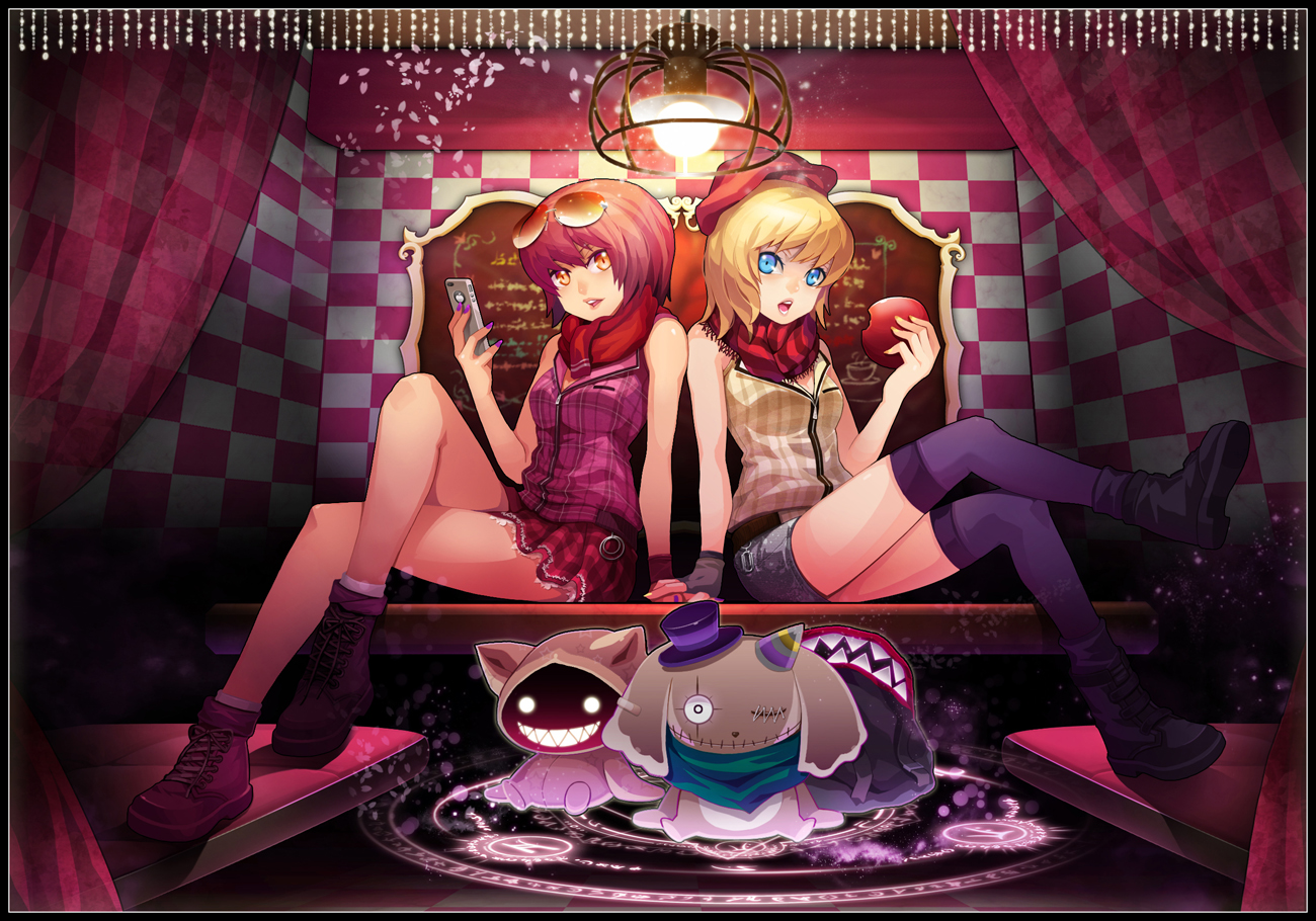 apple, blonde_hair, blue_eyes, food, fruit, glasses, hat, idol_paradise, orange_eyes, phone, pink_hair, puyon, scarf, shorts, skirt, socks, thighhighs, twins, wristwear