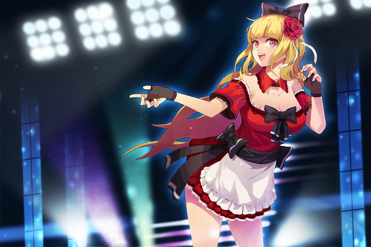 apron, blonde_hair, bow, breasts, cleavage, flowers, gloves, idol_paradise
