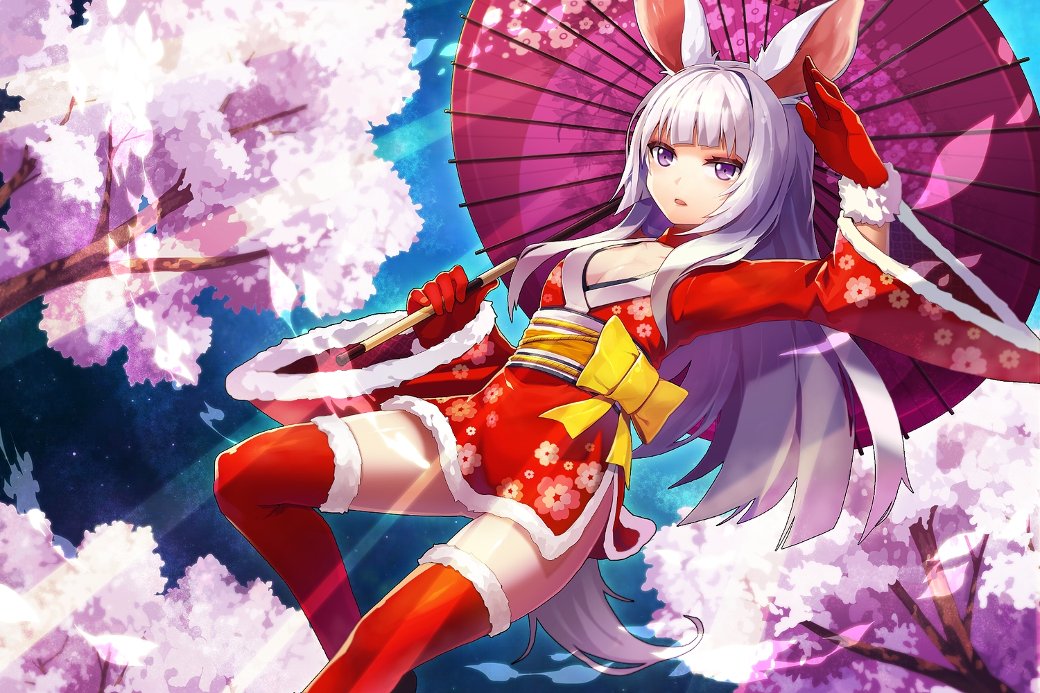 animal_ears, breasts, bunny_ears, bunnygirl, cherry_blossoms, cleavage, flowers, gloves, idol_paradise, japanese_clothes, long_hair, purple_eyes, puyon, tagme_(character), tail, thighhighs, white_hair, yukata, zettai_ryouiki