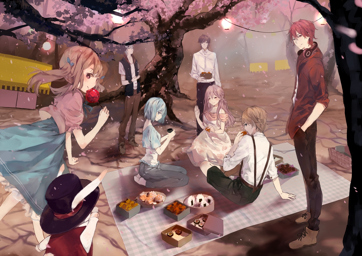 animal, apple, blonde_hair, blue_eyes, blue_hair, blush, boots, bou_shaku, brown_hair, bunny, candy, dress, drink, food, fruit, group, hat, headphones, male, red_eyes, red_hair, short_hair, tian_tian_meng_wuyu, twintails, white_hair, wristwear
