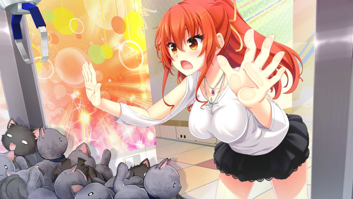 animal, asuhara_yuuki, cat, cross, game_cg, harukaze_soft, necklace, nora_to_oujo_to_noraneko_heart, oozora_itsuki, ponytail, red_hair, skirt, yellow_eyes