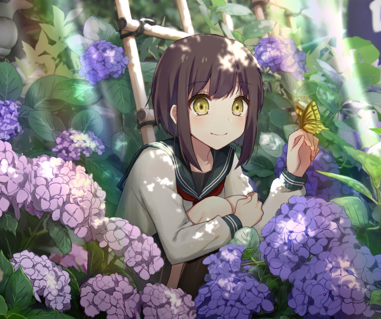 blush, brown_hair, butterfly, flowers, original, school_uniform, short_hair, tadaomi_(amomom), uniform, yellow_eyes