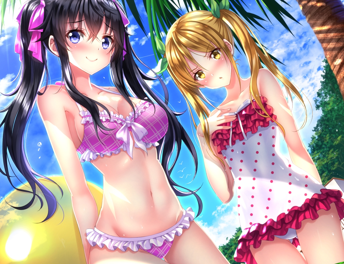 2girls, ball, beach, bikini, black_hair, blonde_hair, blue_eyes, breasts, cleavage, cropped, long_hair, navel, netoge_no_yome_wa_onna_no_ko_janai_to_omotta?, segawa_akane, swimsuit, swordsouls, tamaki_ako, tree, twintails, yellow_eyes