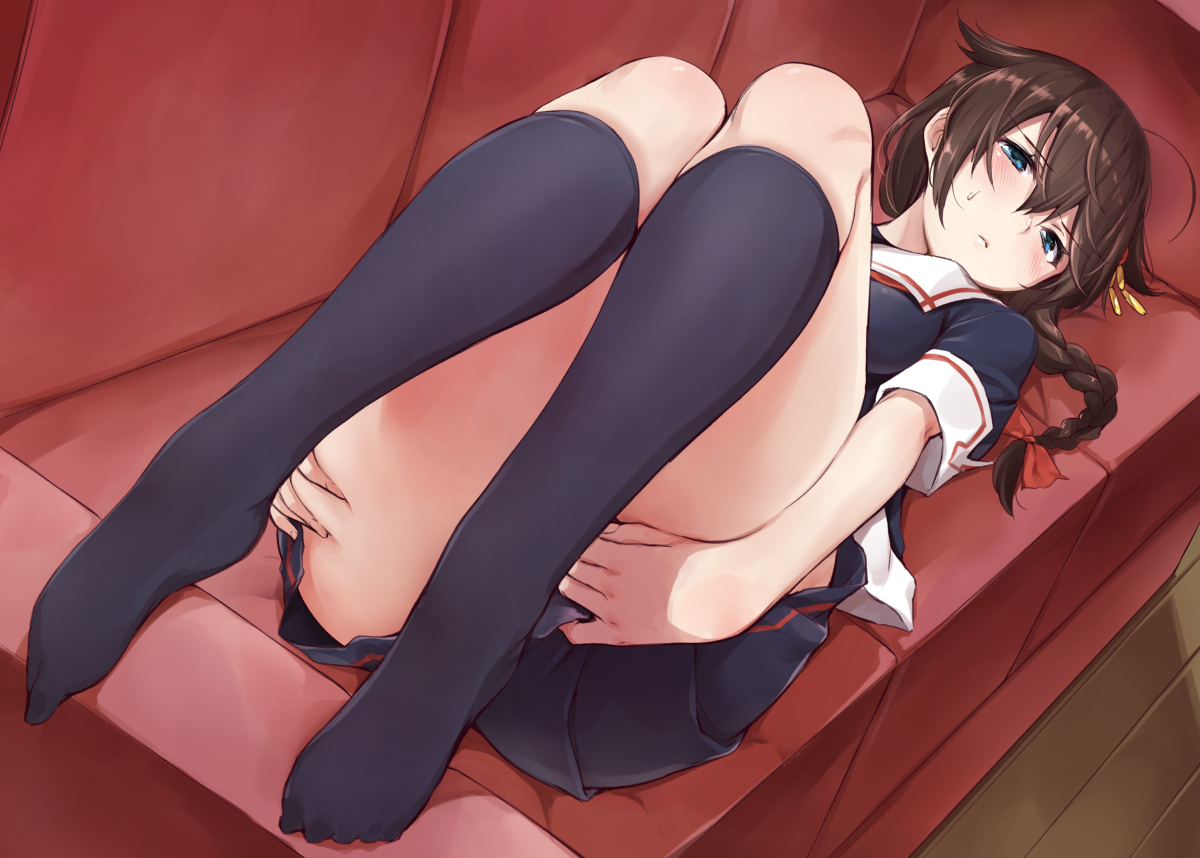 anthropomorphism, aqua_eyes, blush, braids, brown_hair, couch, kantai_collection, kneehighs, shigure_(kancolle), skirt, umakuchi_shouyu