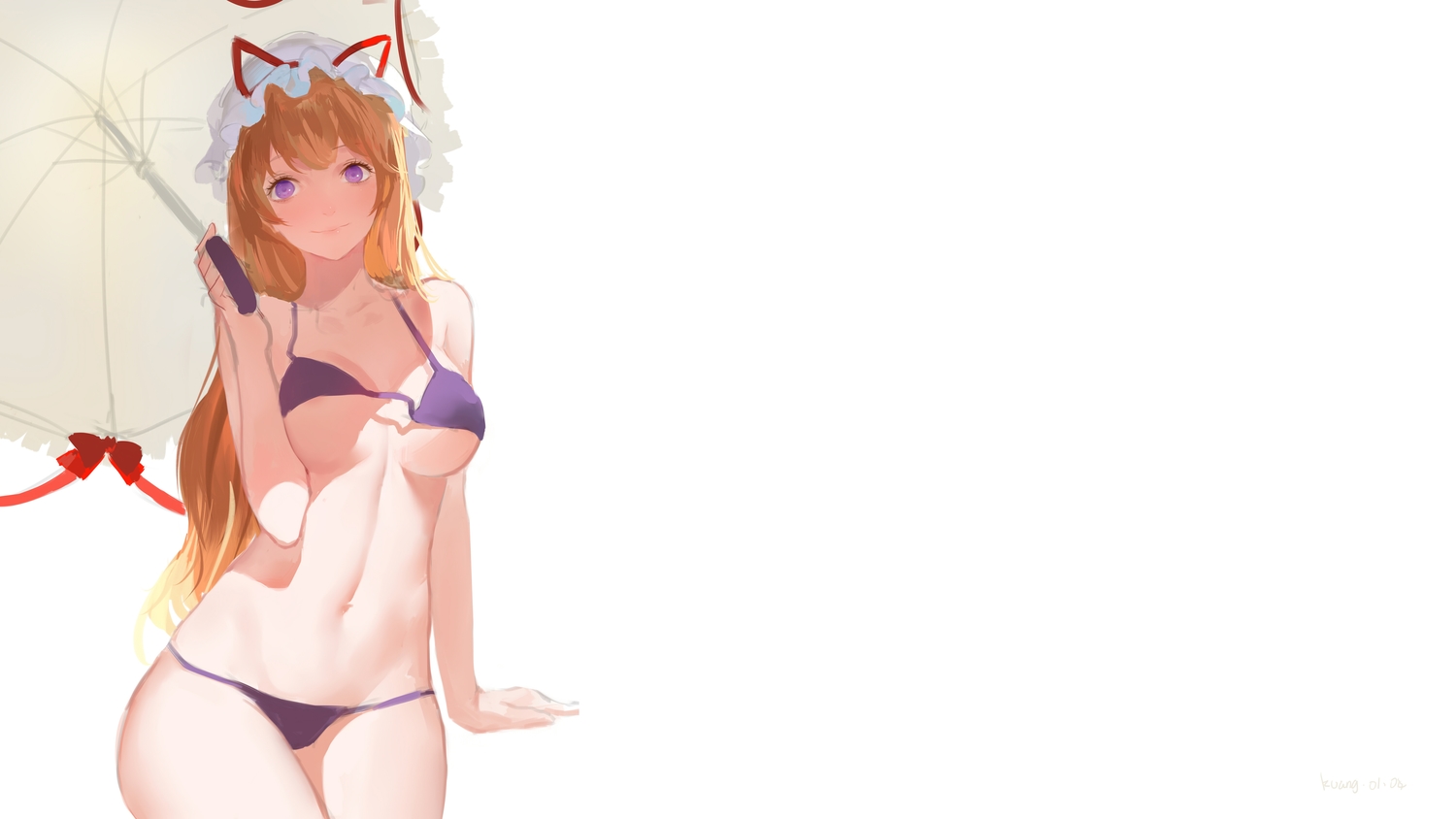 bikini, blonde_hair, hat, kamachi_kamachi-ko, long_hair, navel, purple_eyes, signed