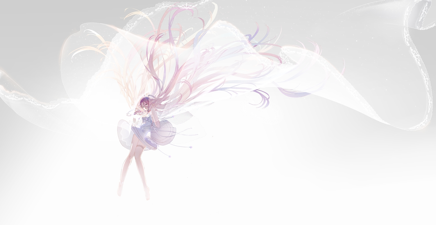 barefoot, dress, garter, gradient, gray, ia, long_hair, pink_hair