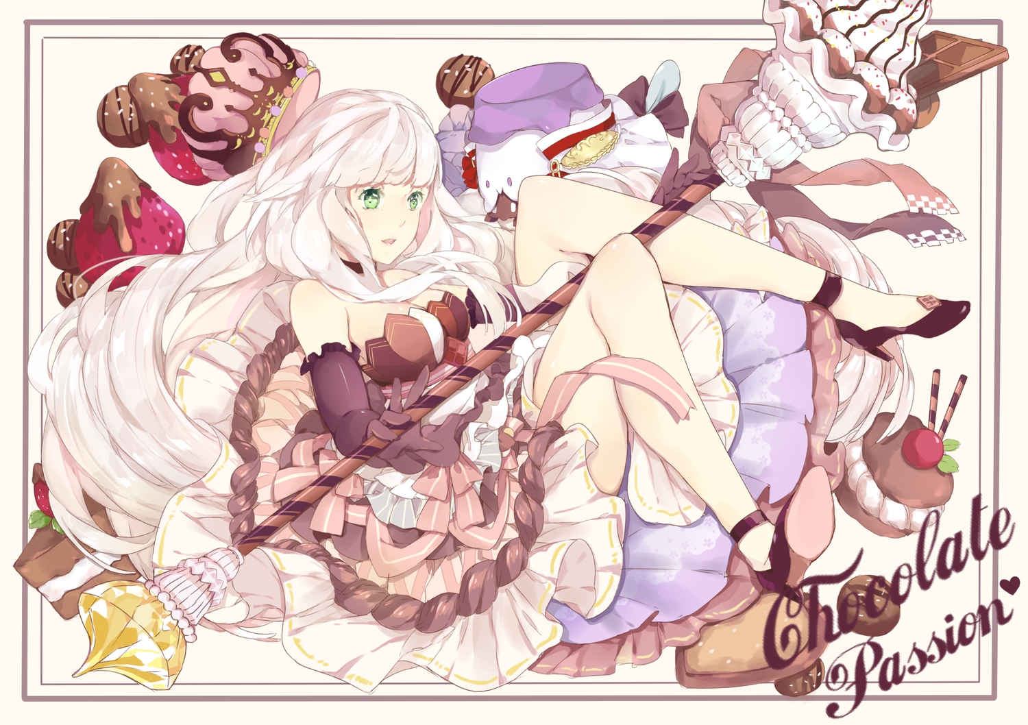 breasts, candy, chocolate, cleavage, dress, elbow_gloves, food, fruit
