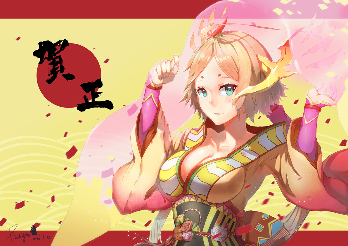 blonde_hair, blue_eyes, horns, japanese_clothes, kanna_(p&d), kimono, puzzle_&_dragons, ranyu_kuro