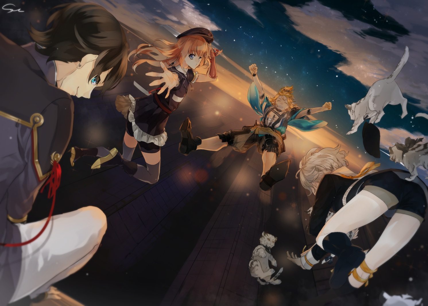 all_male, animal, anthropomorphism, aqua_eyes, bike_shorts, blonde_hair, boots, brown_hair, clouds, gokotai, gray_hair, group, hat, japanese_clothes, kotetsu_urashima, kunihiro_horikawa, long_hair, male, midare_toushirou, military, short_hair, shorts, signed, sky, sunset, suz, thighhighs, tiger, touken_ranbu, uniform