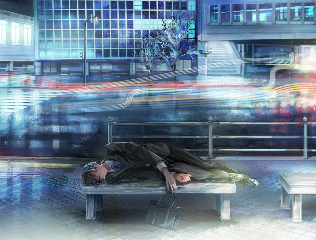 38ban, all_male, anthropomorphism, axis_powers_hetalia, black_hair, building, city, japan_(hetalia), male, night, short_hair, suit, tie, tree