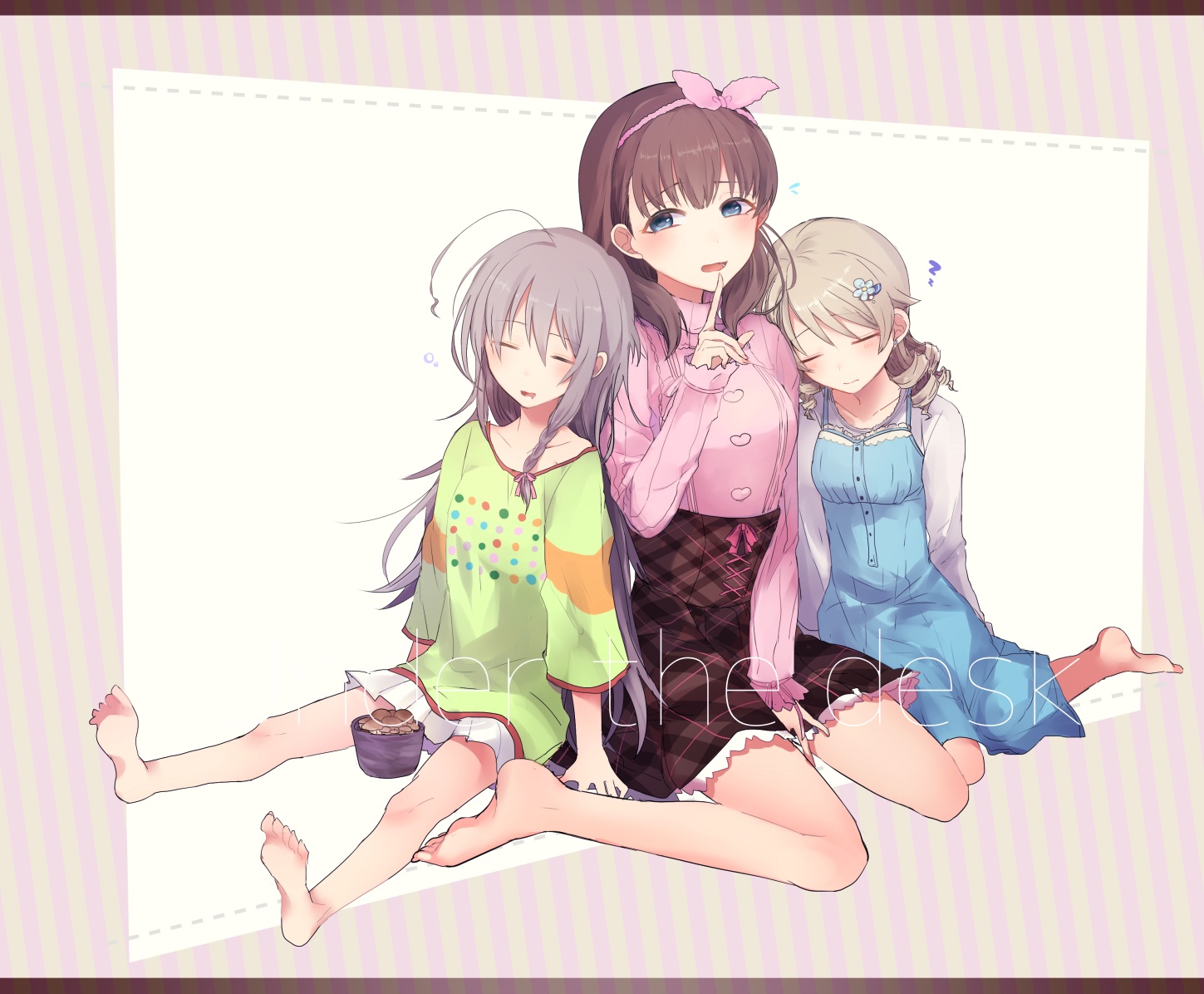 aliasing, barefoot, blue_eyes, braids, brown_hair, dress, group, headband