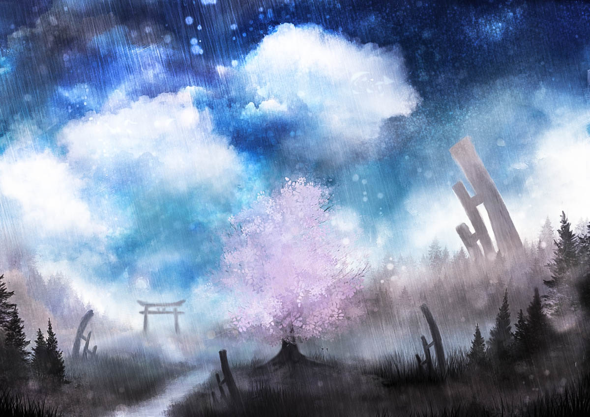 akyuun, cherry_blossoms, clouds, flowers, forest, grass, no_humans, original, rain, scenic, torii, tree, water