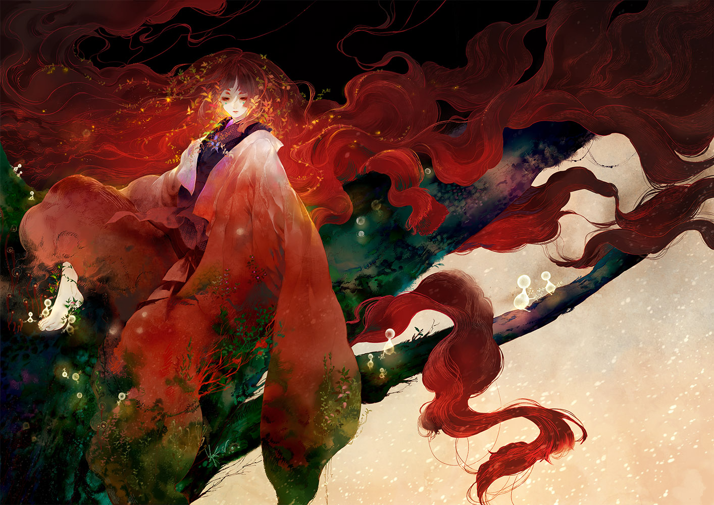 barefoot, japanese_clothes, jpeg_artifacts, long_hair, original, red_eyes, red_hair, yayoi_shiro