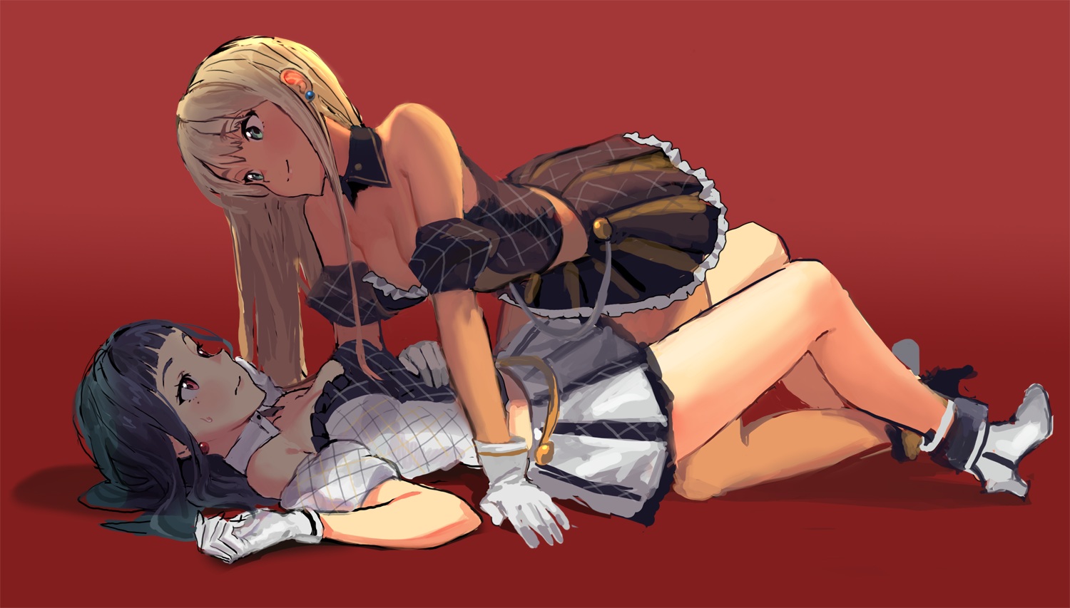 2girls, alessandra_suusu, black_hair, blonde_hair, blue_eyes, choker, gloves, red_eyes, rr_(suisse200), shoujo_ai, tendouji_musubi, tokyo_7th_sisters