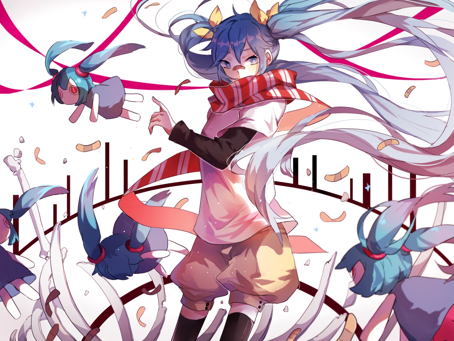 arifureta_sekai_seifuku_(vocaloid), blonde_hair, hatsune_miku, long_hair, saegusa_(ainginging), scarf, shorts, thighhighs, twintails, vocaloid