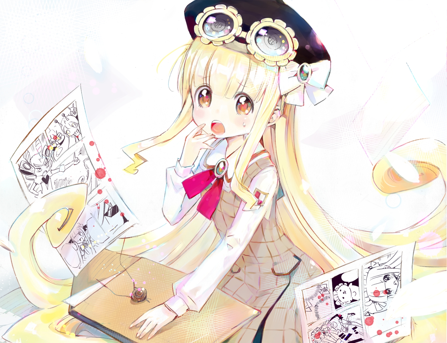 blonde_hair, dress, glasses, hat, inuyama_riko, orange_eyes, original