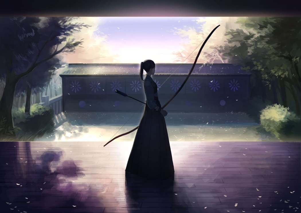 bow_(weapon), dress, original, petals, ponytail, shade, short_hair, silhouette