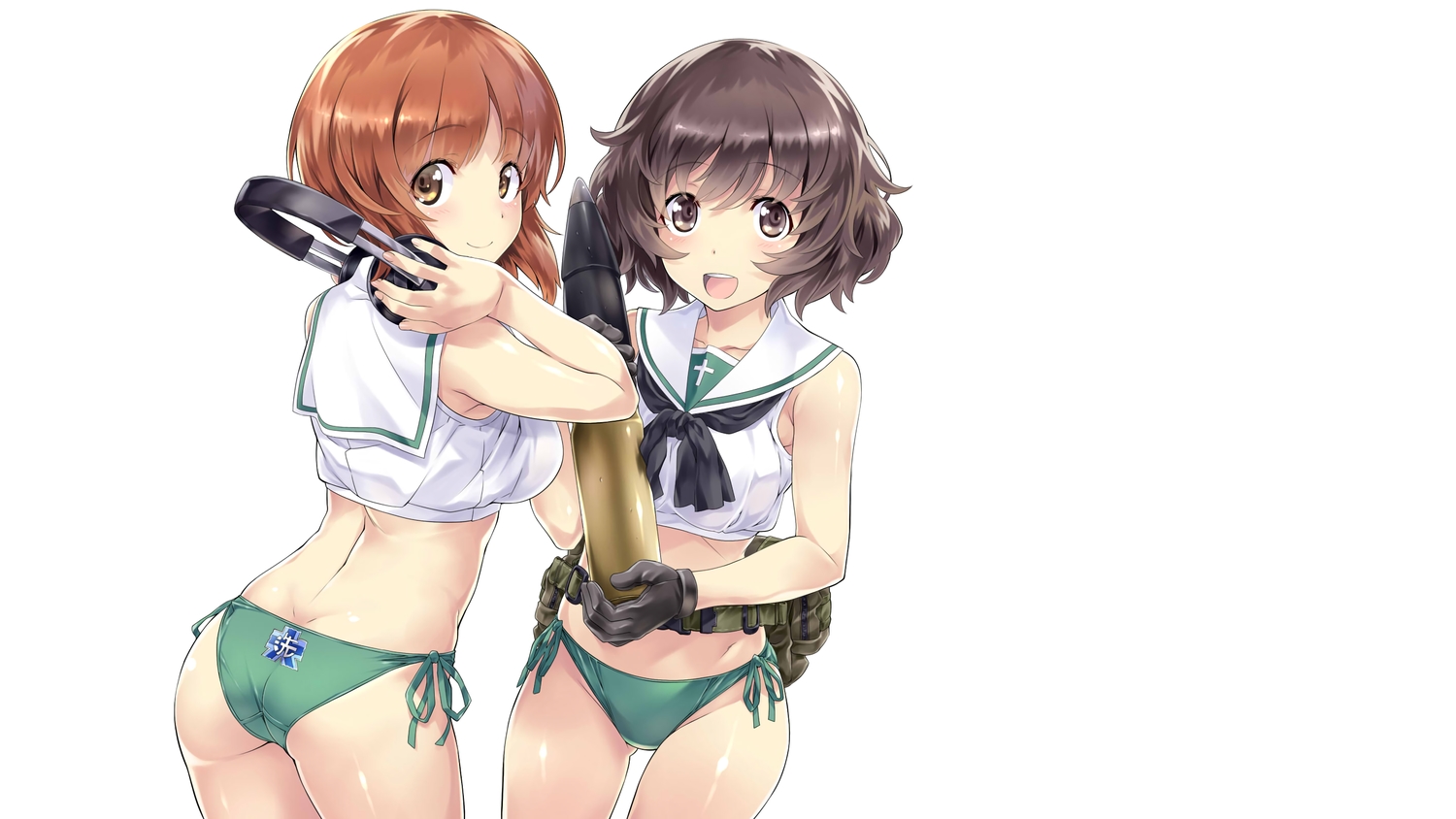 2girls, akiyama_yukari, ass, bikini, breasts, brown_eyes, brown_hair, girls_und_panzer