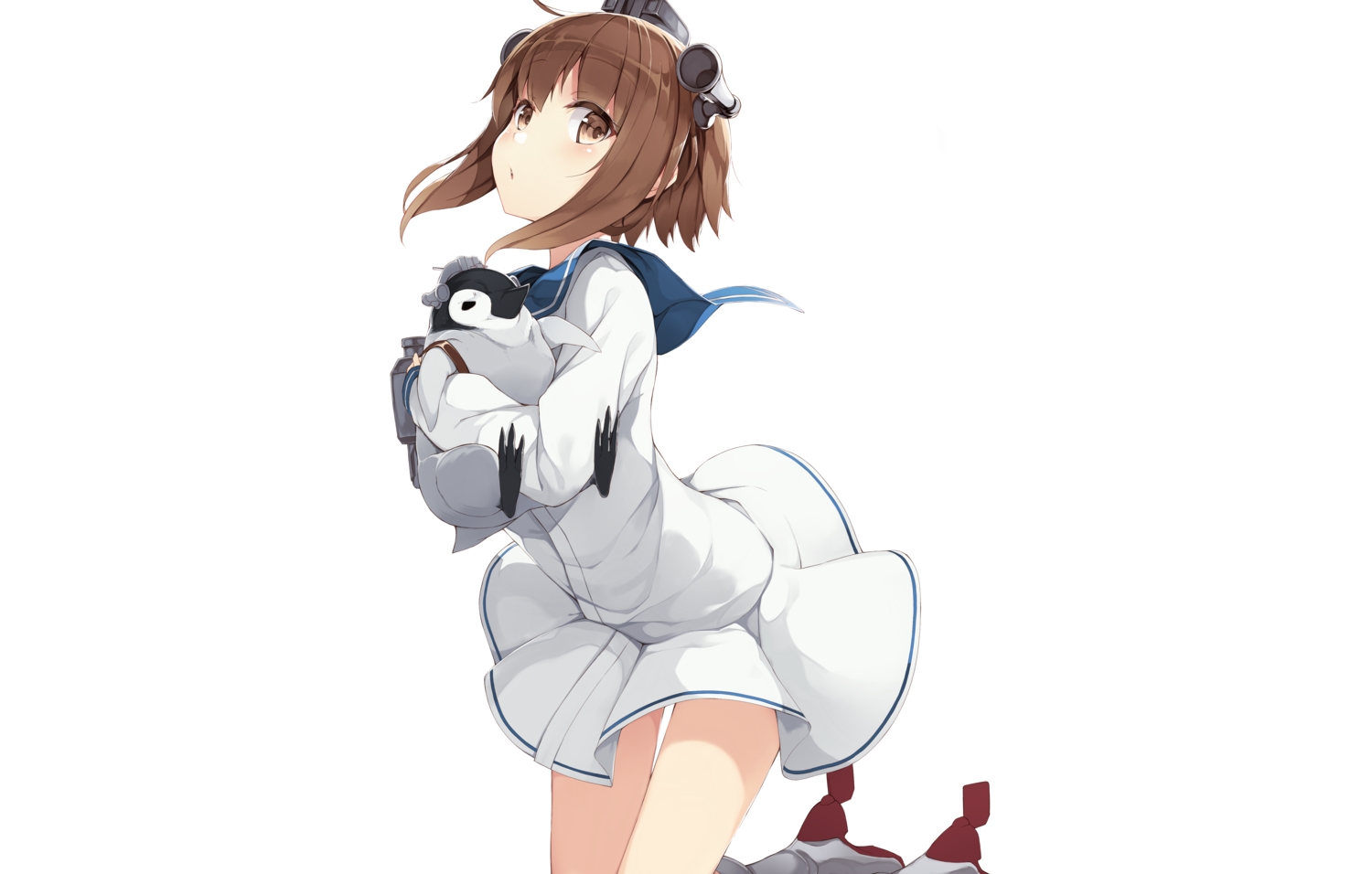 animal, anthropomorphism, bird, blush, brown_eyes, brown_hair, dress, kantai_collection