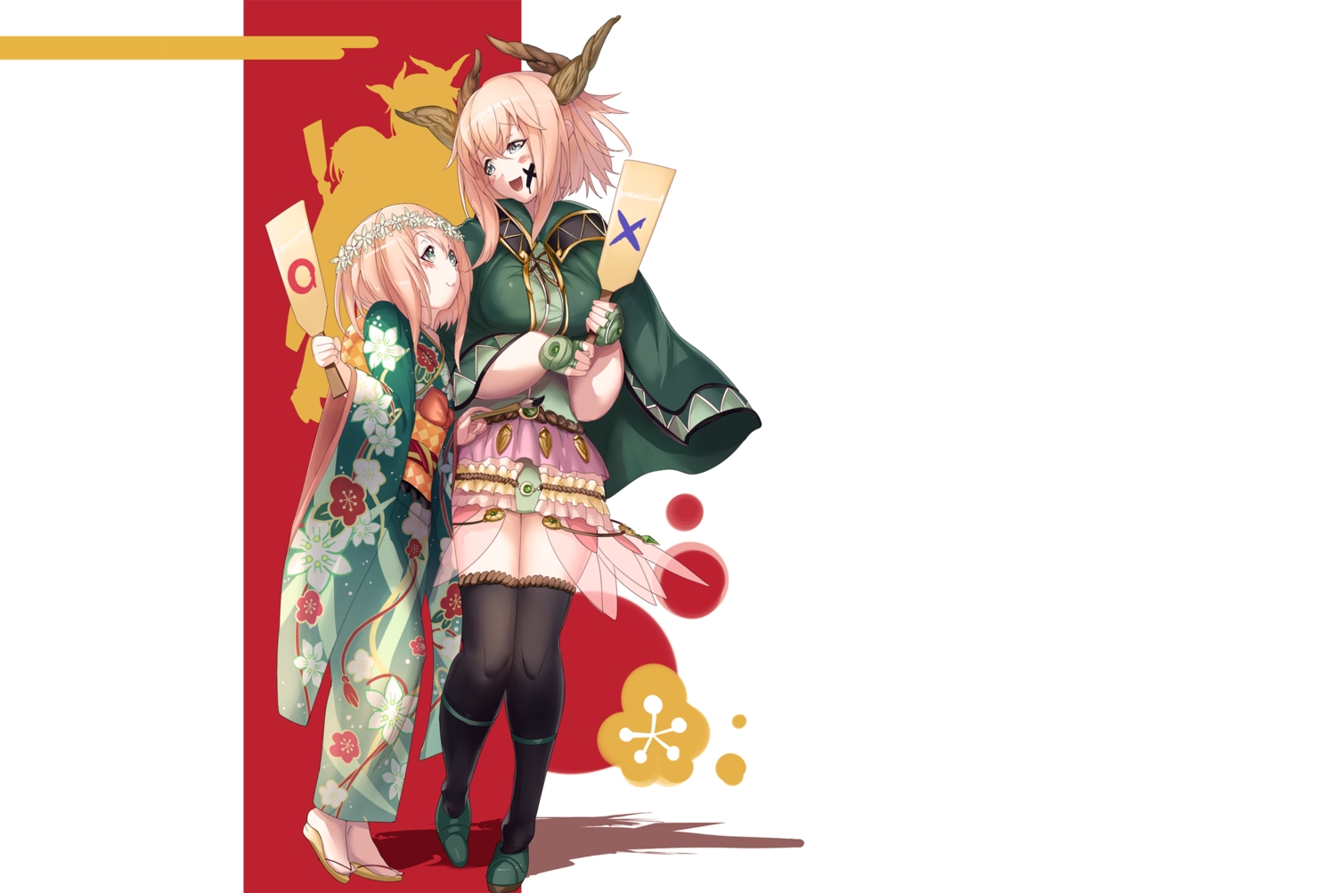 2girls, blonde_hair, blush, ere_(2516325), flowers, gothic_wa_mahou_otome, green_eyes, japanese_clothes