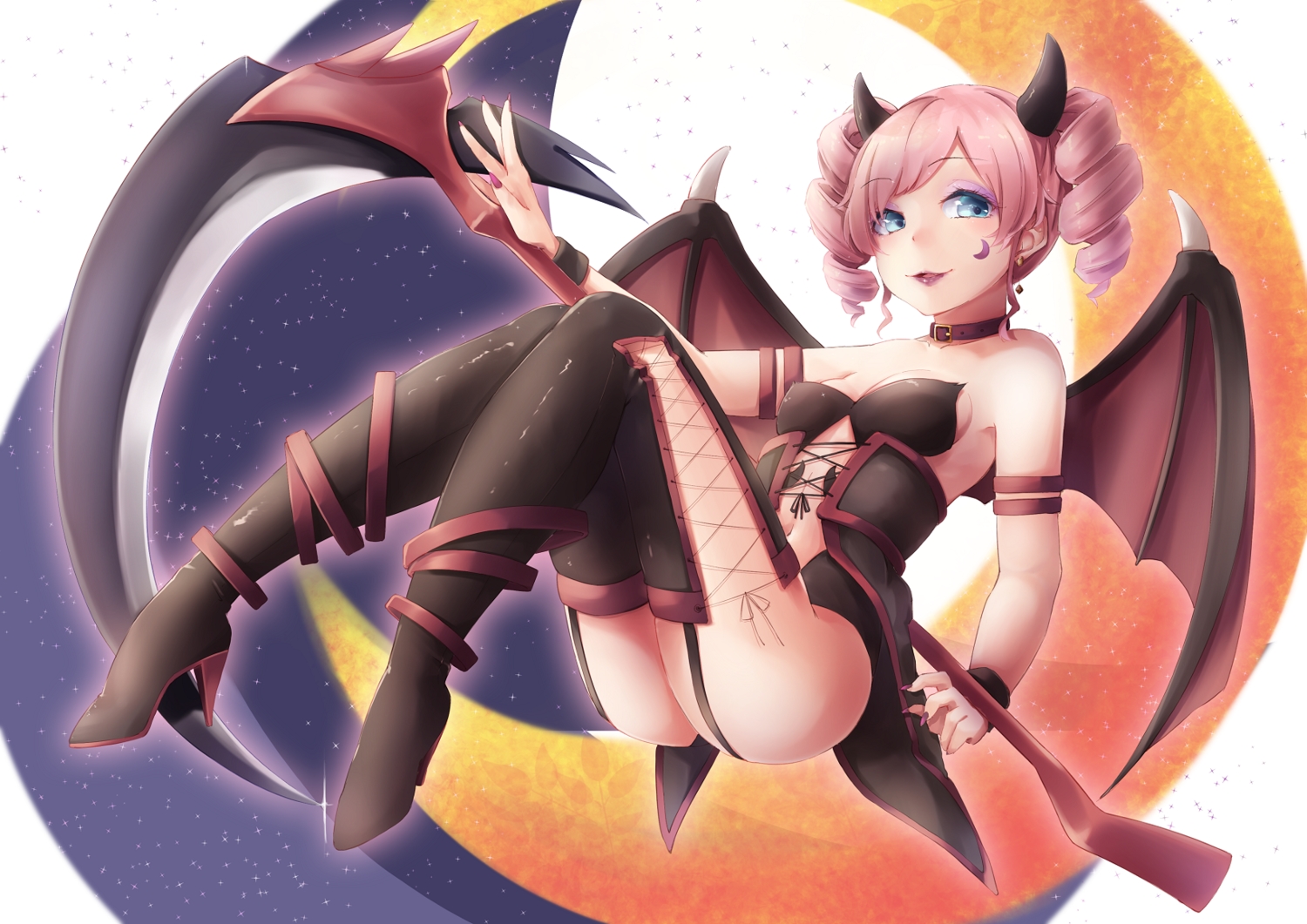 aikatsu!, aliasing, amahane_madoka, blue_eyes, boots, demon, funyariko, horns, pink_hair, scythe, stockings, succubus, thighhighs, twintails, weapon, wings