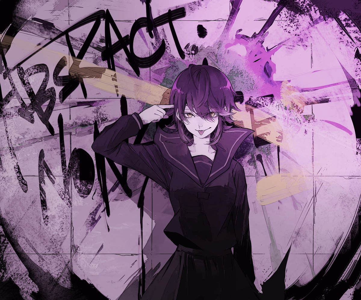 blue_eyes, graffiti, light, non7, polychromatic, purple_hair, school_uniform, short_hair