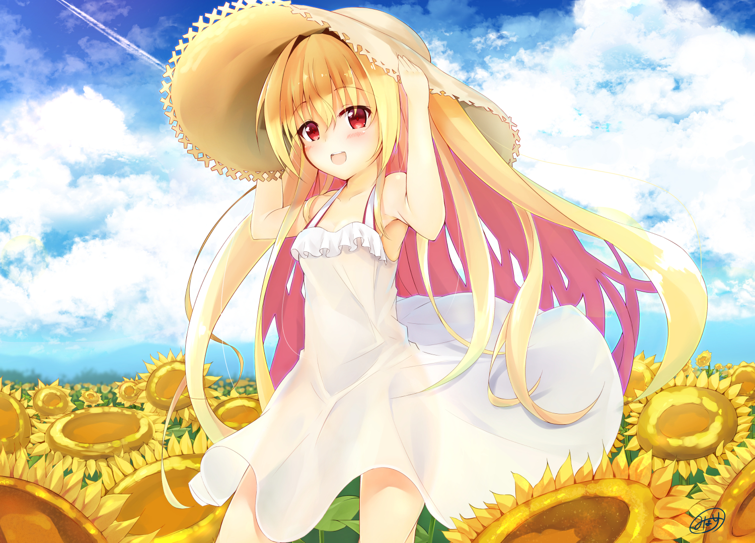 aliasing, blonde_hair, blush, clouds, dress, flowers, hat, irotoridori_no_sekai, long_hair, minari_(minari37), nikaidou_shinku, red_eyes, signed, summer, summer_dress, sunflower