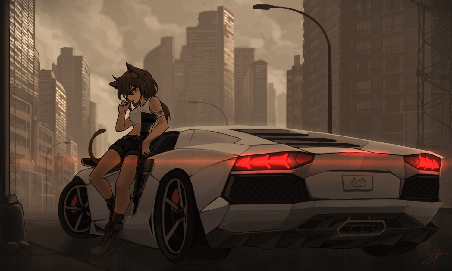 animal_ears, bandage, blood, blue_eyes, brown_hair, building, car, catgirl, city, original, tail, weapon, zhaoyuan_pan