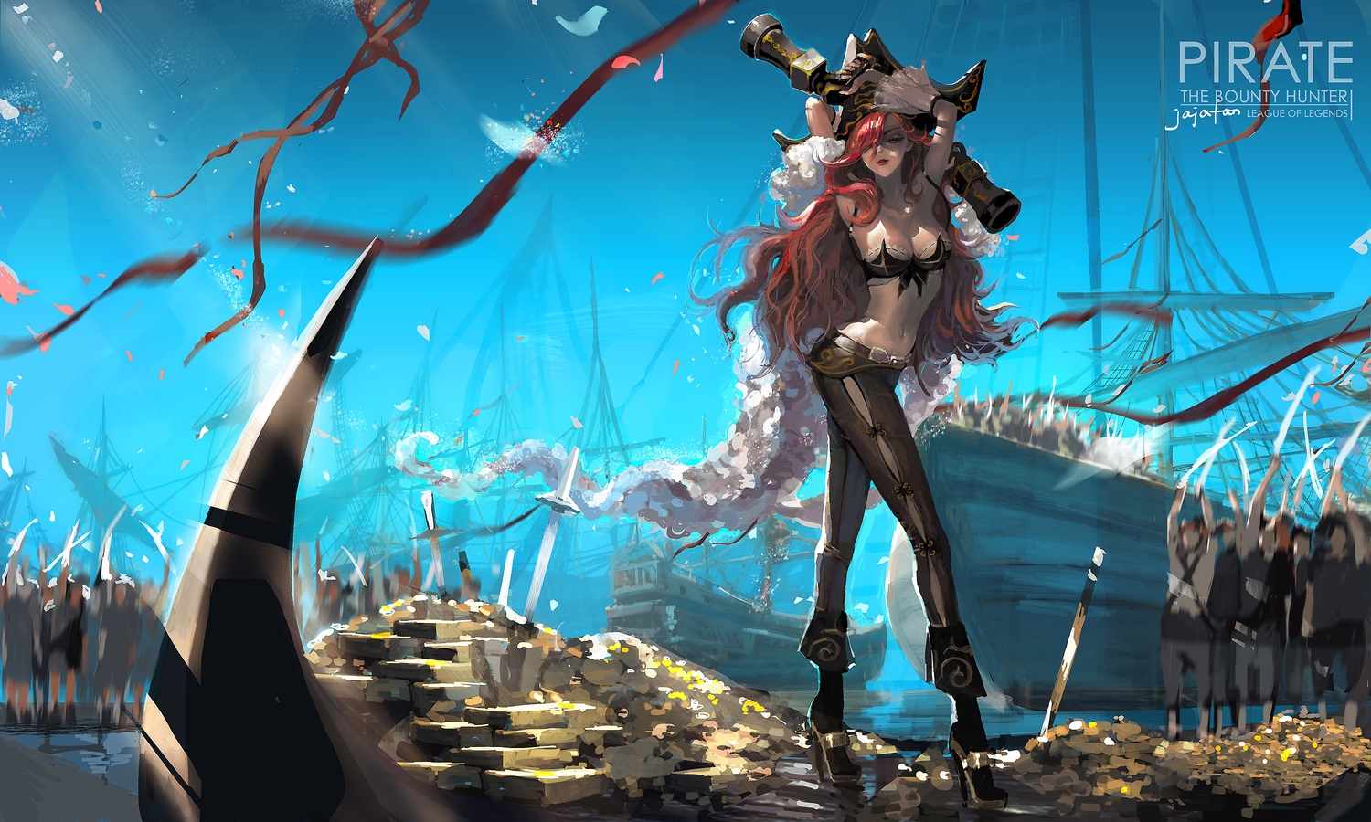 boat, jajafan, league_of_legends, pirate, red_hair, sarah_fortune