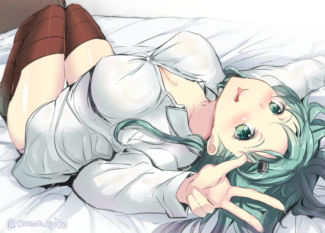 anthropomorphism, aqua_eyes, aqua_hair, bed, blush, breasts, cleavage, gin'ichi_(akacia)