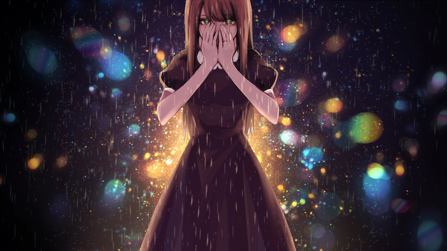 brown_hair, crying, dress, night, ohagi_(ymnky), original, rain, tears