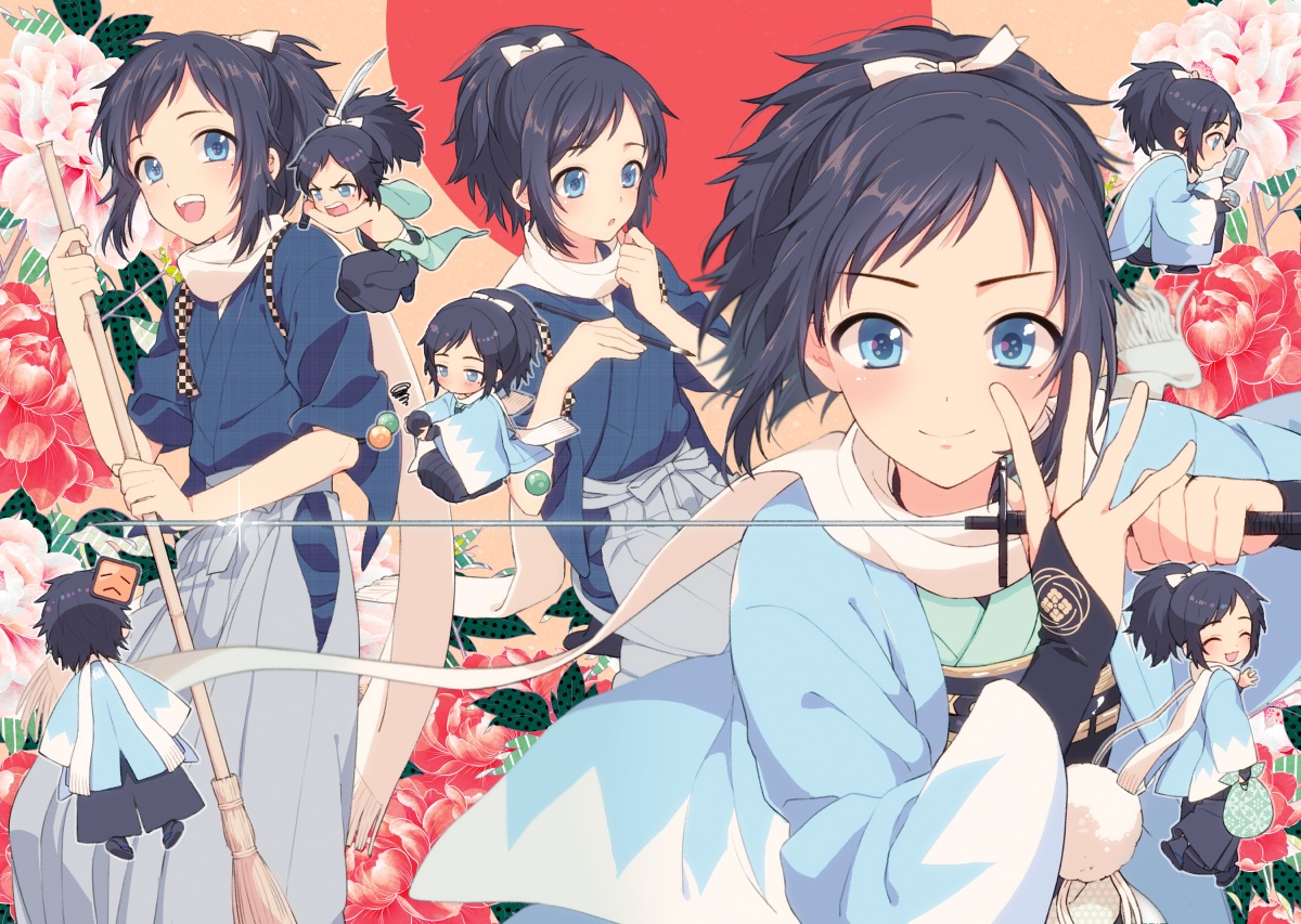 all_male, anthropomorphism, aqua_eyes, ball, black_hair, flowers, japanese_clothes, katana