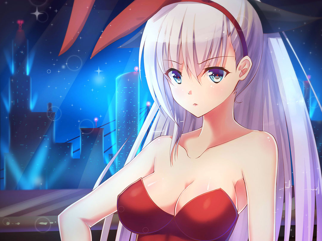 animal_ears, breasts, bunny_ears, bunnygirl, cleavage, cropped, headband, long_hair, night, original, stars, white_hair, zha_yu_bu_dong_hua