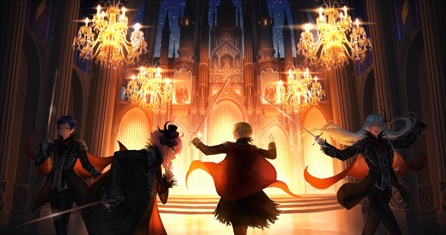 all_male, black_hair, blonde_hair, braids, cape, ensemble_stars!, funamushi_(fnms), fushimi_yuzuru, group, hat, hibiki_wataru, himemiya_touri, long_hair, male, short_hair, sword, tenshouin_eichi, weapon, white_hair