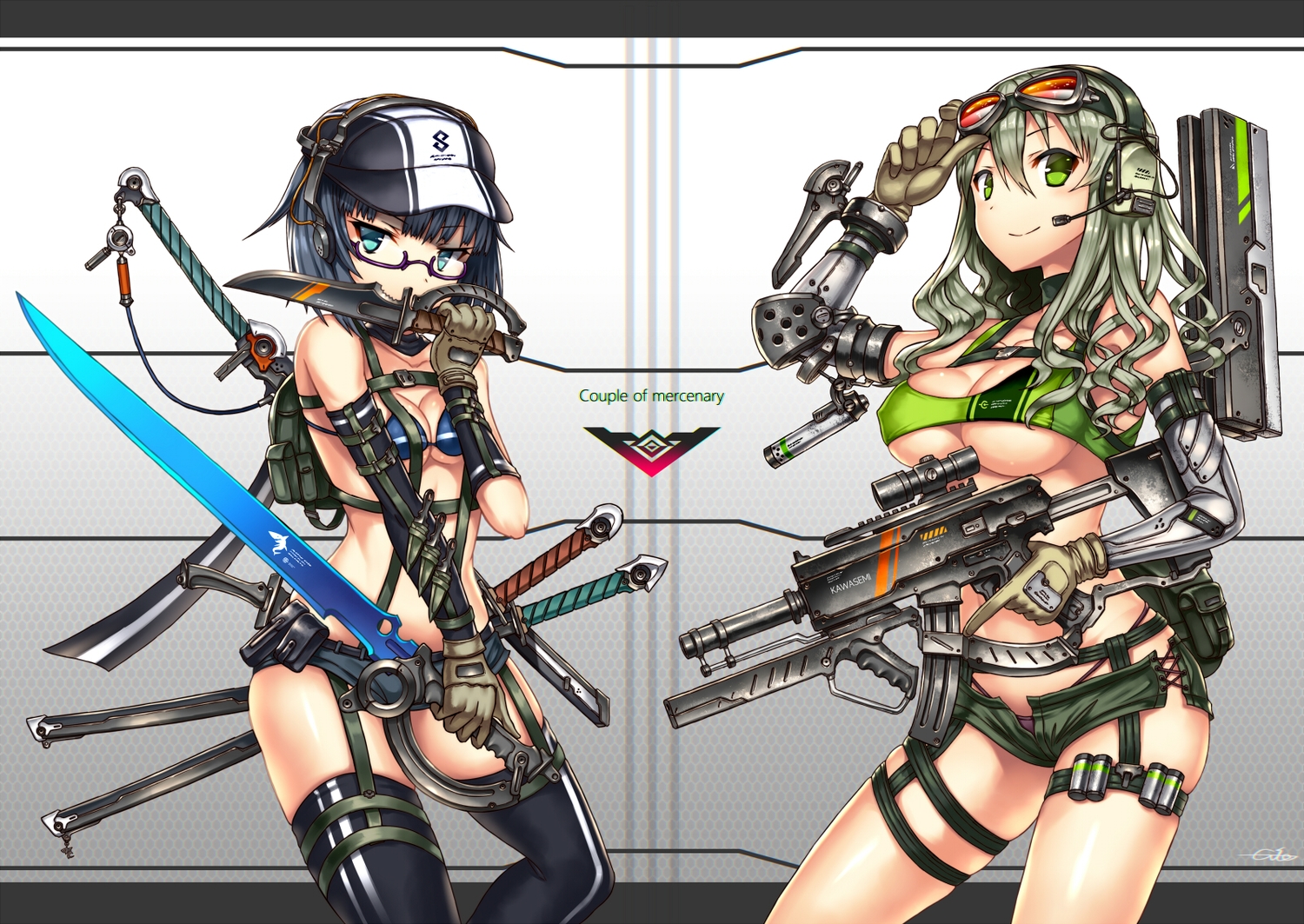 2girls, bikini_top, blue_eyes, blue_hair, breasts, choker, cleavage, gia