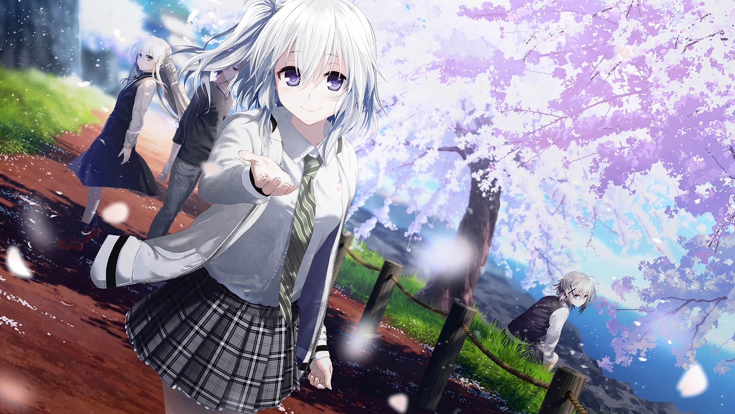 ai_(re:lief), blue_eyes, cherry_blossoms, dress, flowers, grass, group, long_hair, male, mirya_blanco, mocha_(cotton), nitta_tsukasa, park, petals, rask, re:lief_~shin'ai_naru_anata_e~, school_uniform, short_hair, skirt, tie, white_hair, yuu_(re:lief)