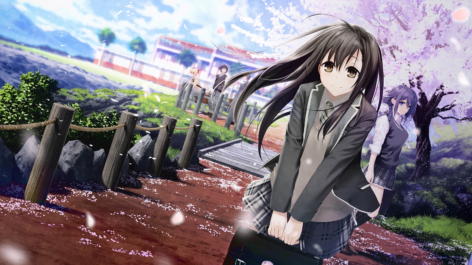black_hair, blonde_hair, blue_eyes, brown_eyes, cherry_blossoms, clouds, flowers, group, hahakigi_hinako, kaizou_momo, long_hair, male, mocha_(cotton), nitta_tsukasa, ootate_ruka, pantyhose, park, petals, purple_hair, rask, re:lief_~shin'ai_naru_anata_e~, satou_rihito, school_uniform, short_hair, skirt, tie, twintails