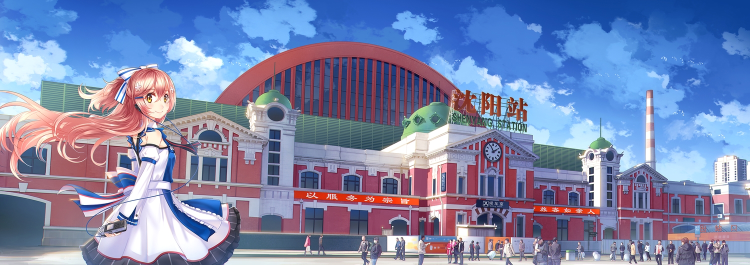 blush, bow, building, china_railway_girl, clouds, dress, dualscreen, erich